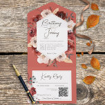 Rustikaler Fall Rust Floral auf Rust QR Code All In One Einladung<br><div class="desc">MIT ODER OHNE QR-CODE IM UAWG BEREICH ERHÄLTLICH. Dieses Design zeichnet sich durch einen Rost- und cremefarbenen Blumenstrauß-Rahmen auf einem weichen, verbrannten orangen Lehm aus. Fügen Sie Ihrer Einladung einen QR-Code hinzu, damit Besucher schnell auf Ihre Hochzeitswebsite für Details, Anleitungen, Menüoptionen und mehr zugreifen können, oder fügen Sie Ihre Geschenkregistrierung...</div>