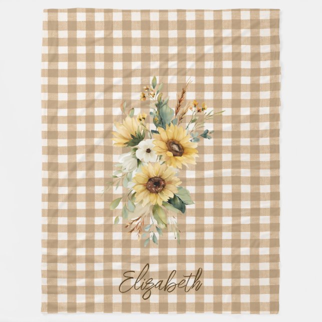 Rustikaler Fall Sonnenblumen Brown Gingham Persona Fleecedecke (Vorderseite)