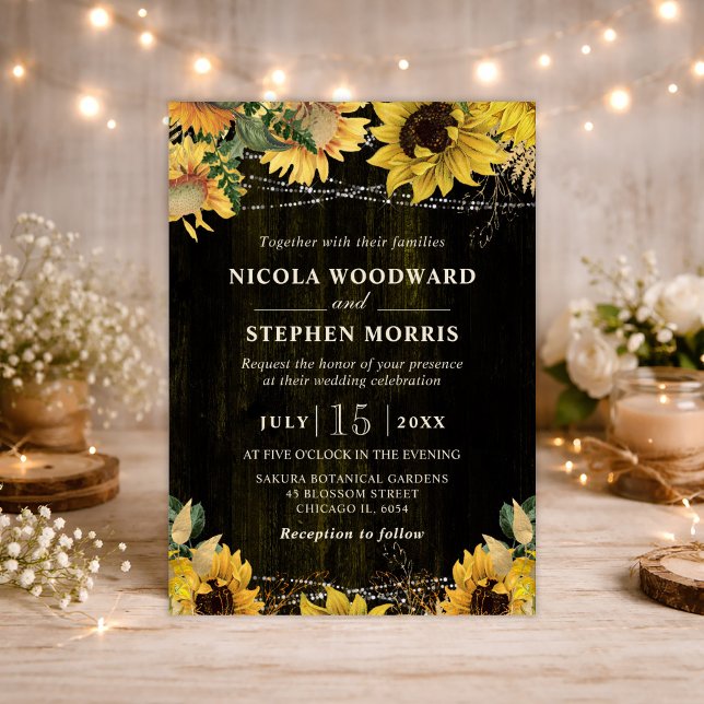 Rustikaler Fall Sonnenblumen Holz und Lichter Hoch Einladung (Von Creator hochgeladen)