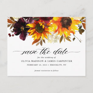 Rustikaler Fall Sonnenblumenhochzeit retten Datum Ankündigungspostkarte