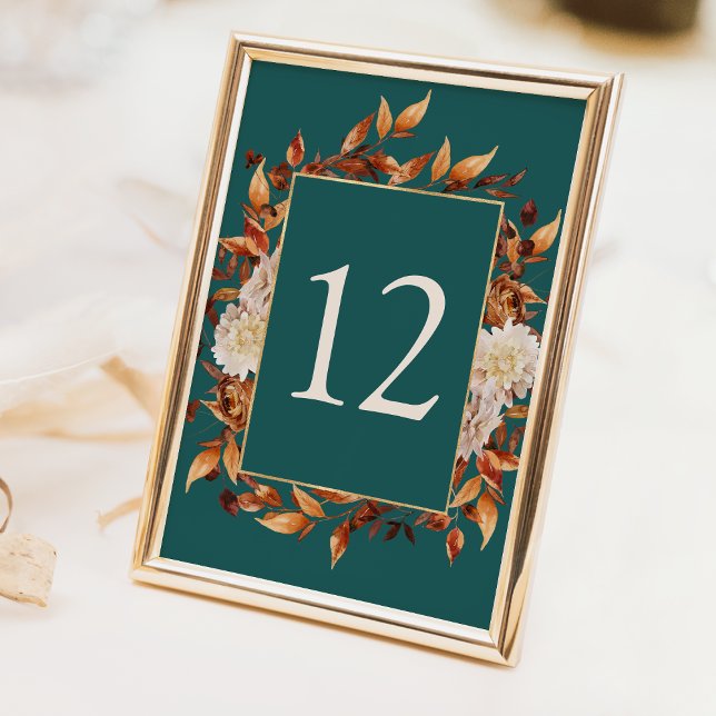 Rustikaler Fall Tischnummer (Rustic Watercolor Copper Fall Leaves Teal Decor Table Number by Painted Paperie
)