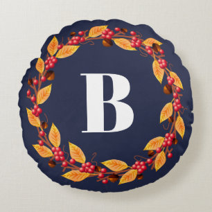 Rustikaler Fall Wreath & Navy   PERSONALISIERT Rundes Kissen