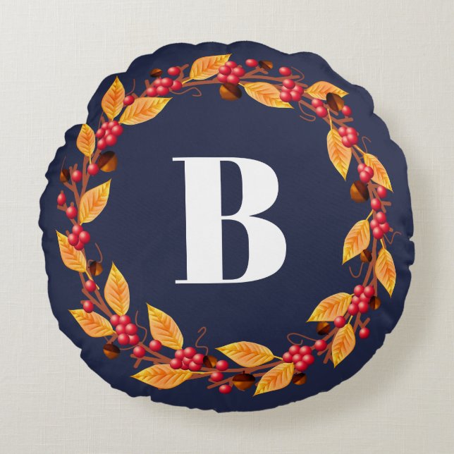 Rustikaler Fall Wreath & Navy | PERSONALISIERT Rundes Kissen (Vorderseite)