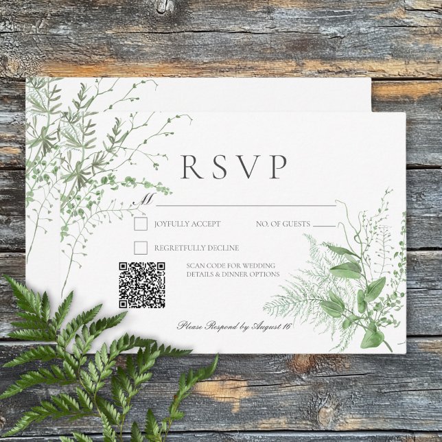 Rustikaler Fern Foliage Emerald Green QR Code RSVP Karte (Rustic Fern Foliage Emerald Green QR Code RSVP Card )
