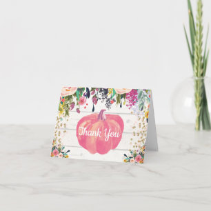 Rustikaler Floral Fall Pumpkin Pink Gold Glitzer Dankeskarte
