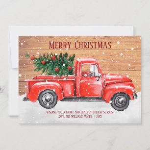 Rustikaler Frohe Weihnachtsbaum Vintage-Roter LKW Feiertagskarte