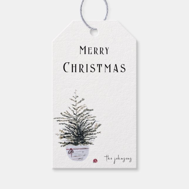 Rustikaler froher Weihnachtsbaum Geschenkanhänger (Vorderseite)