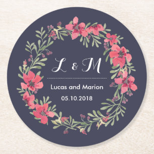 Rustikaler Frühlingsblumenkranz Monogramm Hochzeit Runder Pappuntersetzer