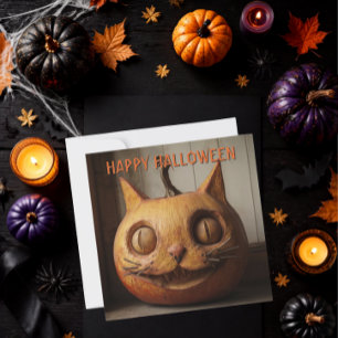 Rustikaler geschnitzter Katzen-Kürbis Halloween Feiertagskarte
