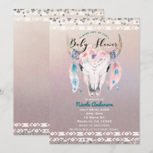 Rustikaler Glam Boho Blumen Kuh-Schädel-Baby-Party Einladung