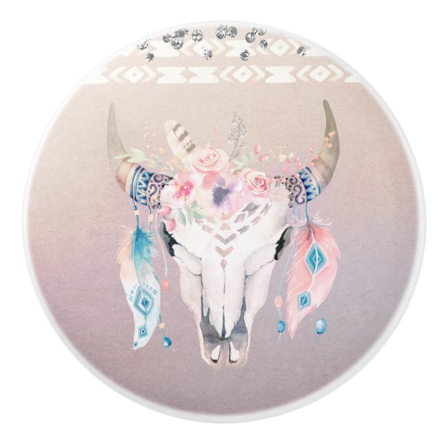 Rustikaler Glam Boho Floral Cow Skull Iridescent Keramikknauf (Vorderseite)