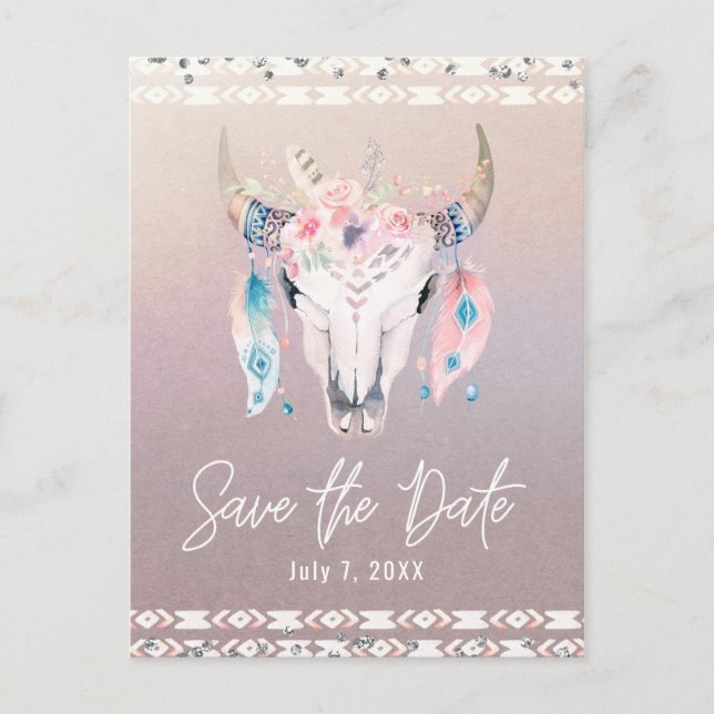Rustikaler Glam Boho Floral Cow Skull Save the Dat Ankündigungspostkarte (Vorderseite)