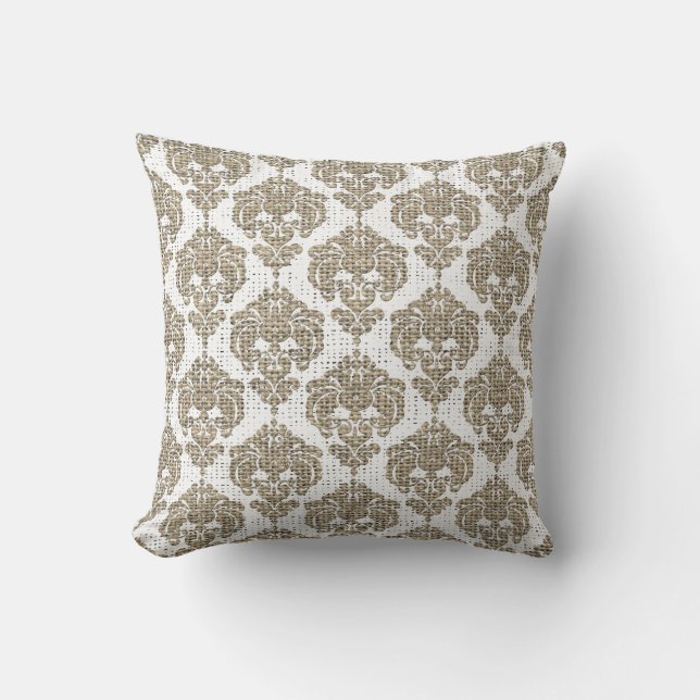 Rustikaler Glamour Burlap Royal Damask Moderne Mod Kissen (Vorderseite)