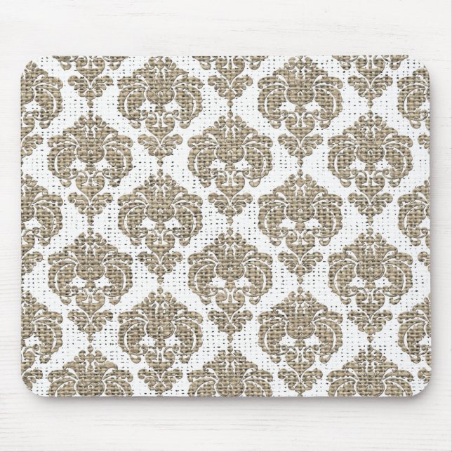 Rustikaler Glamour Burlap Royal Damask Moderne Mod Mousepad (Vorne)