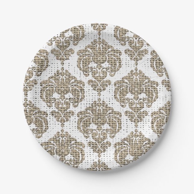 Rustikaler Glamour Burlap Royal Damask Moderne Mod Pappteller (Vorderseite)