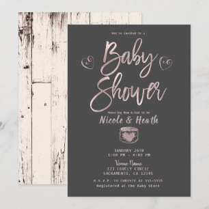 Rustikaler Glamour Roségold Rosa Grau Babyparty Einladung