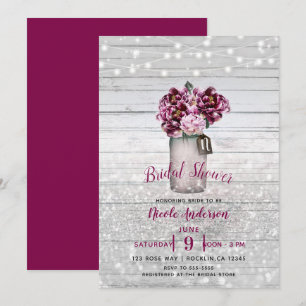 Rustikaler Glamour Wood & Burgund Mason Jar Blume Einladung