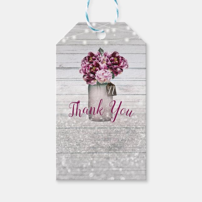 Rustikaler Glamour Wood & Burgund Mason Jar Blume Geschenkanhänger (Vorderseite)