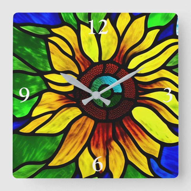 Rustikaler Glasschaum Country Sonnenblume Quadratische Wanduhr (Vorderseite)