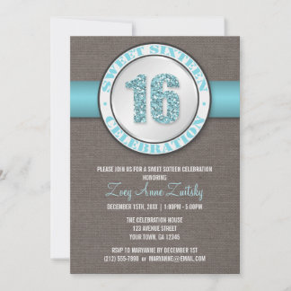 Rustikaler Glitzer Aqua Blue Sweet 16 Einladungen