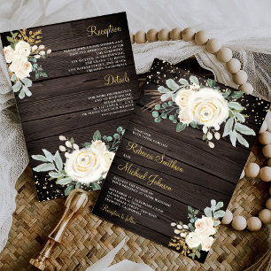 Rustikaler Gold-Elfenbein-Blumen-Holzhochzeit Einladung