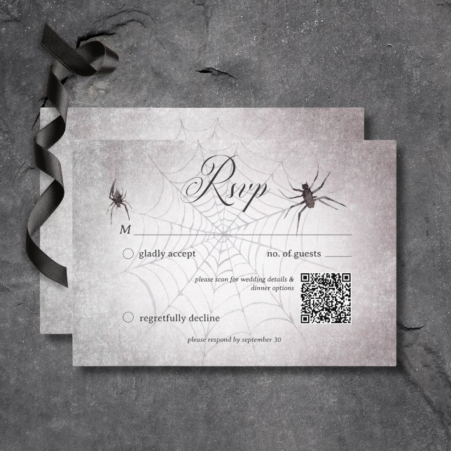 Rustikaler Gothic Black & Burgund Halloween QR Cod RSVP Karte (Rustic Gothic Black & Burgundy Halloween Wedding Response Card with QR Code)