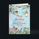 Rustikaler Grandson und Ehefrau Frohe Weihnachten Karte<br><div class="desc">Frohe Weihnachten für Enkel und Ehefrau-Karte mit grünem Aquarell,  einem Kardinal und rustikalen Laterne und nachdenklichen Vers.</div>