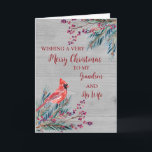 Rustikaler Grandson und seine Ehefrau Frohe Weihna Karte<br><div class="desc">Frohe Weihnachten für Enkel und seine Ehefrau-Karte mit Aquarellmalerei,  ein Kardinal und Holzmuster und nachdenkliche Vers.</div>