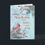 Rustikaler Grandson und seine Ehefrau Frohe Weihna Karte<br><div class="desc">Frohe Weihnachten für Enkel und seine Ehefrau-Karte mit Aquarellfolien,  einem Kardinal und Aquarellschnee-Muster und nachdenklichen Vers.</div>