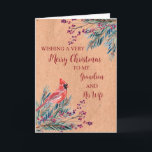 Rustikaler Grandson und seine Ehefrau Weihnachten Karte<br><div class="desc">Frohe Weihnachten für Enkel und seine Ehefrau-Karte mit Aquarellmalerei,  ein Kardinal und Vintage Papiermuster und nachdenkliche Vers.</div>