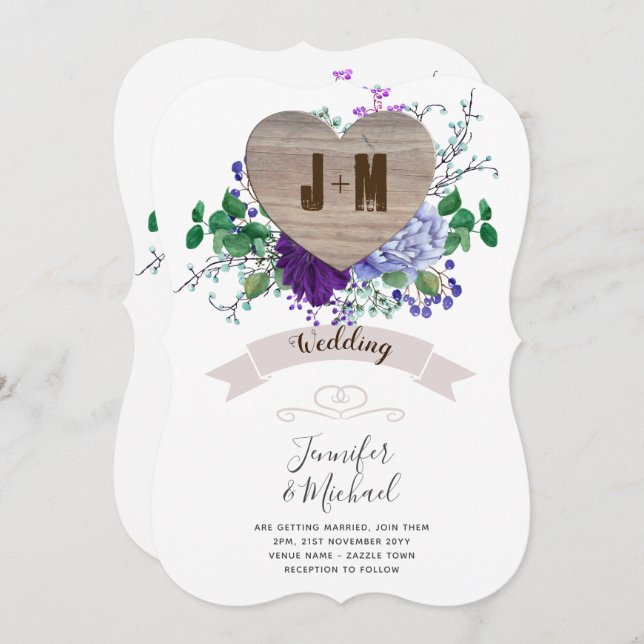 Rustikaler, gravierter Holzherz Monogram, Blutfall Einladung (Vorne/Hinten)