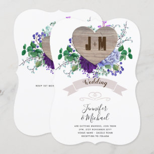 Rustikaler, gravierter Holzherz Monogram, Blutfall Einladung