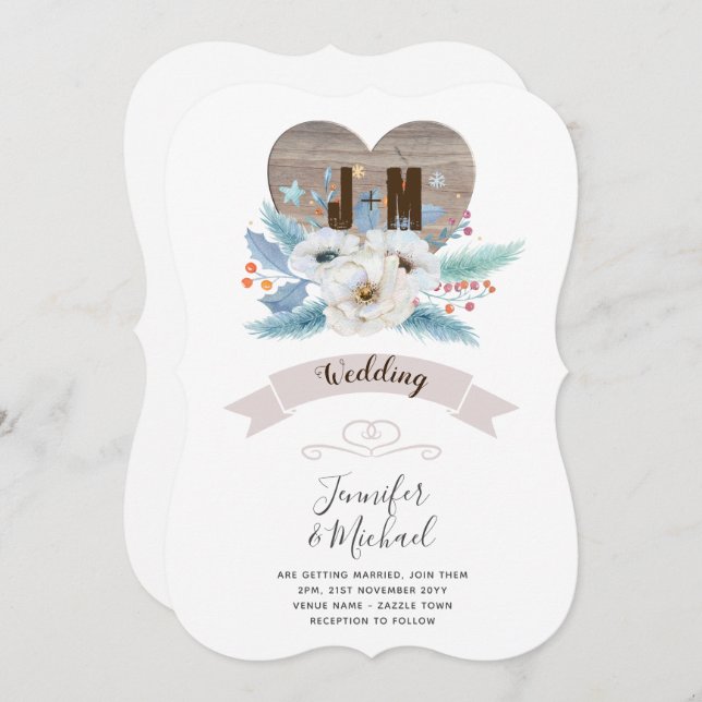 Rustikaler, gravierter Holzherz Monogram, Blutfall Einladung (Vorne/Hinten)