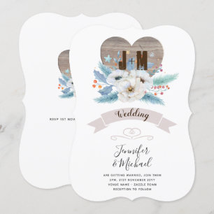 Rustikaler, gravierter Holzherz Monogram, Blutfall Einladung