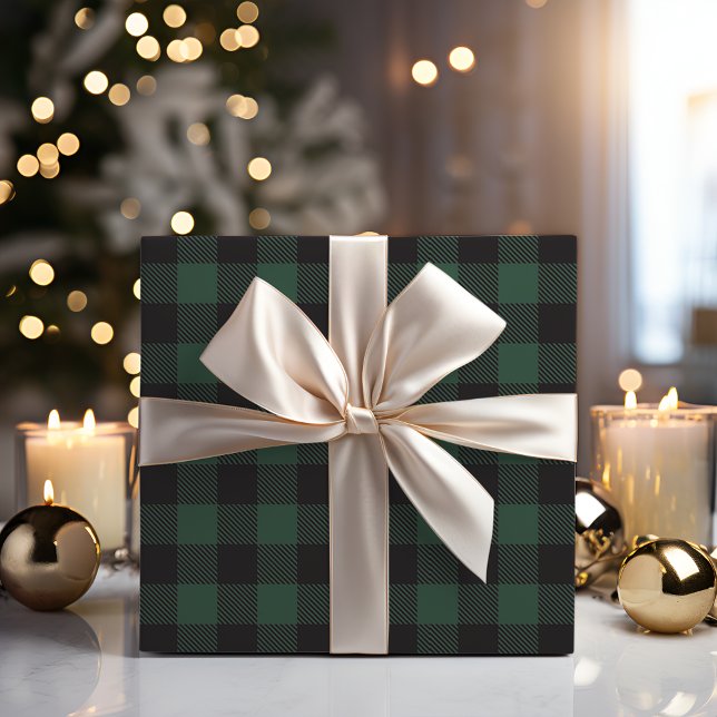 Rustikaler Green & Black Buffalo Karierter Urlaub Geschenkpapier (Rustic Green & Black Buffalo Plaid Holiday Wrapping Paper)