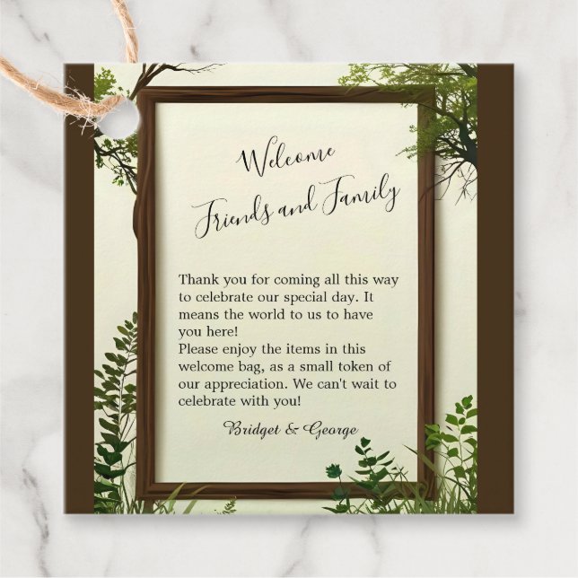 Rustikaler Grünbaum Hochzeit Geschenkanhänger (Vorderseite)