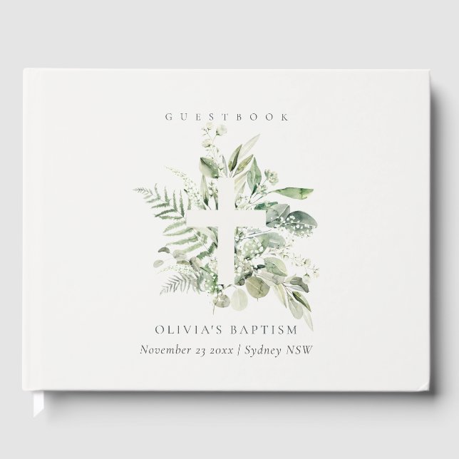Rustikaler grüner Eukalyptus Fern Foliage Cross Ba Gästebuch (Vorderseite)