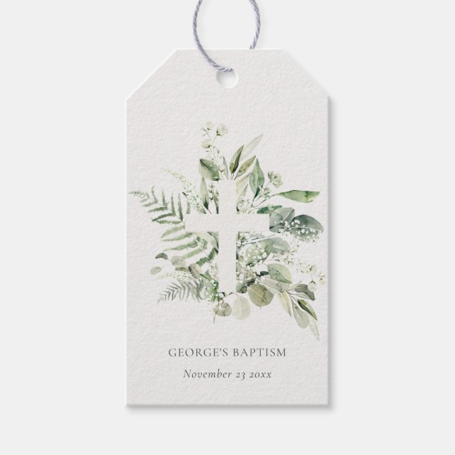 Rustikaler grüner Eukalyptus Fern Foliage Cross Ba Geschenkanhänger (Vorderseite)
