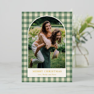 Rustikaler grüner Gingham-Bogen-Foto-Weihnachten m Folien Feiertagskarte