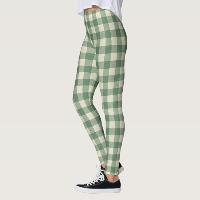 Rustikaler grüner Gingham moderner Weihnachten Leggings (Links)
