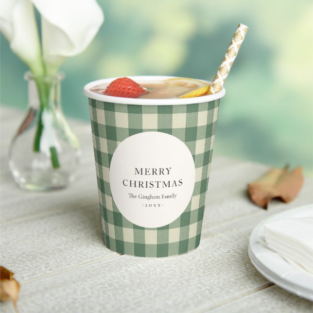 Rustikaler grüner Gingham moderner Weihnachten Pappbecher (In Situ)