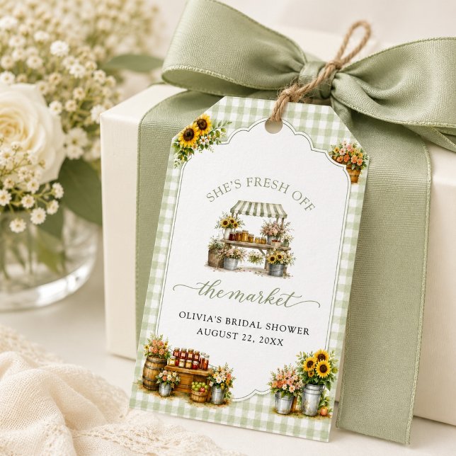 Rustikaler grüner Gingham Sie ist frisch auf dem M Geschenkanhänger (Rustic Green Gingham She's Fresh Off The Market Gift Tags)
