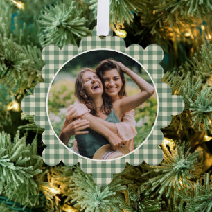 Rustikaler grüner Gingham-Weihnachtsfoto modern Ornament Karte