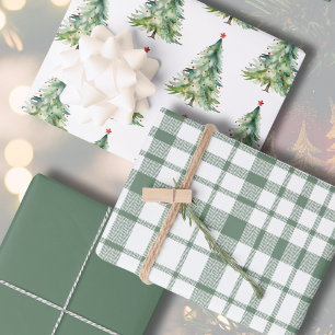 Rustikaler Grüner Karierter Wasserfarben Weihnacht Geschenkpapier Set