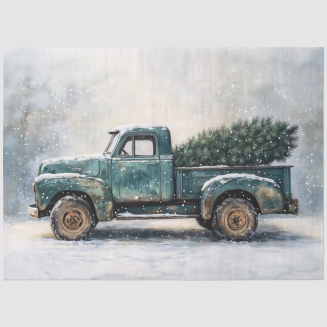 Rustikaler grüner Lastwagen mit Weihnachtsbaum Seidenpapier (Vorderseite)
