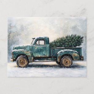 Rustikaler grüner LKW mit Weihnachtsbaum Postkarte