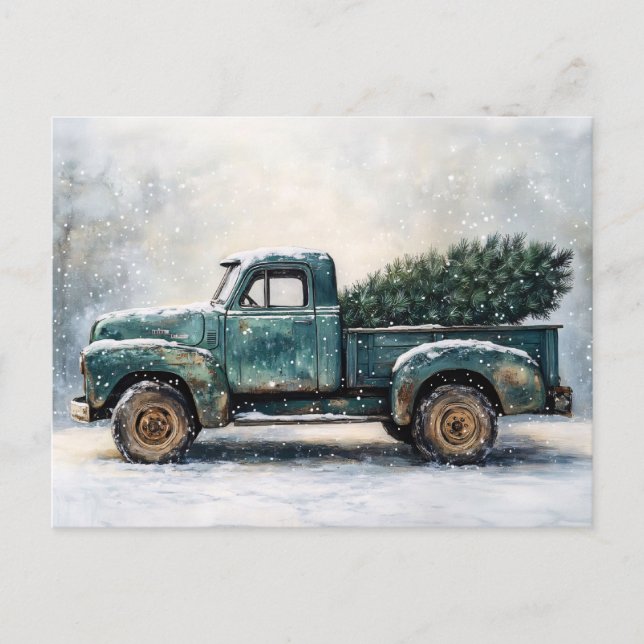 Rustikaler grüner LKW mit Weihnachtsbaum Postkarte (Vorderseite)
