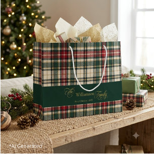 Rustikaler grüner roter Weihnachts-Tartan-Karo-Fam Große Geschenktüte