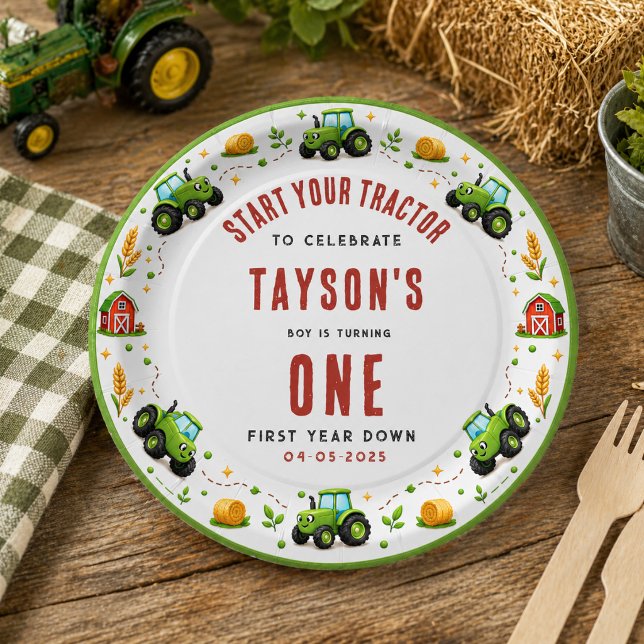 Rustikaler grüner Traktor Bauernhof erstes Jahr Do Pappteller (Rustic Green Tractor Farm First Year Down One Paper Plates
)