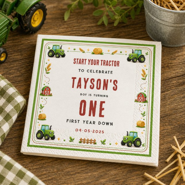 Rustikaler grüner Traktor Bauernhof erstes Jahr Do Serviette (Rustic Green Tractor Farm First Year Down One Paper napkins
)